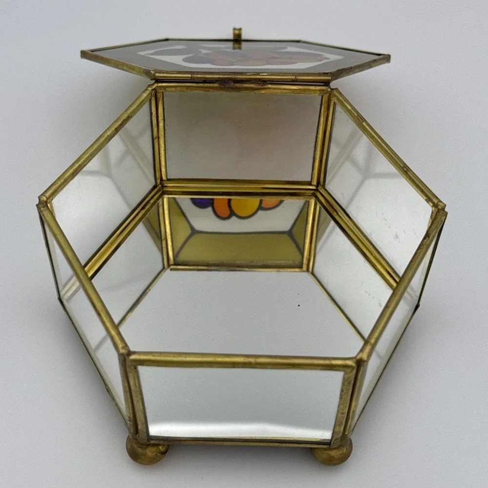 Stained Glass Mirror Brass Footed Trinket Box Flower Vintage Vanity Dresser
